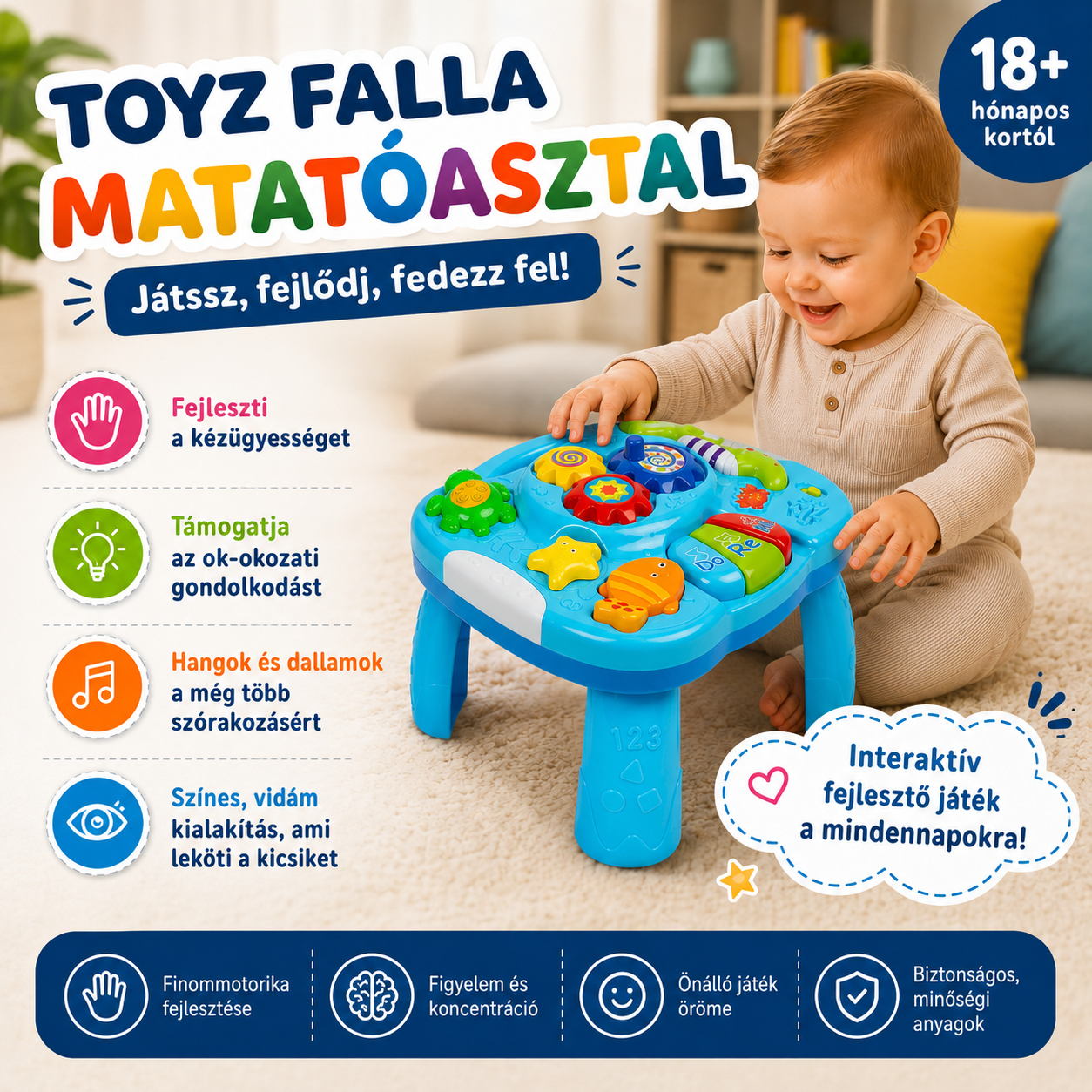 Toyz Falla kék matatóasztal, interaktív fejlesztő játék 18 hónapos kortól