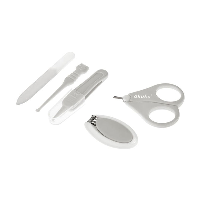 Akuku A0473 Babaápolási készlet, szürke alma alakú tokban: olló, körömvágó olló, üveg körömreszelő, 2 csipesz