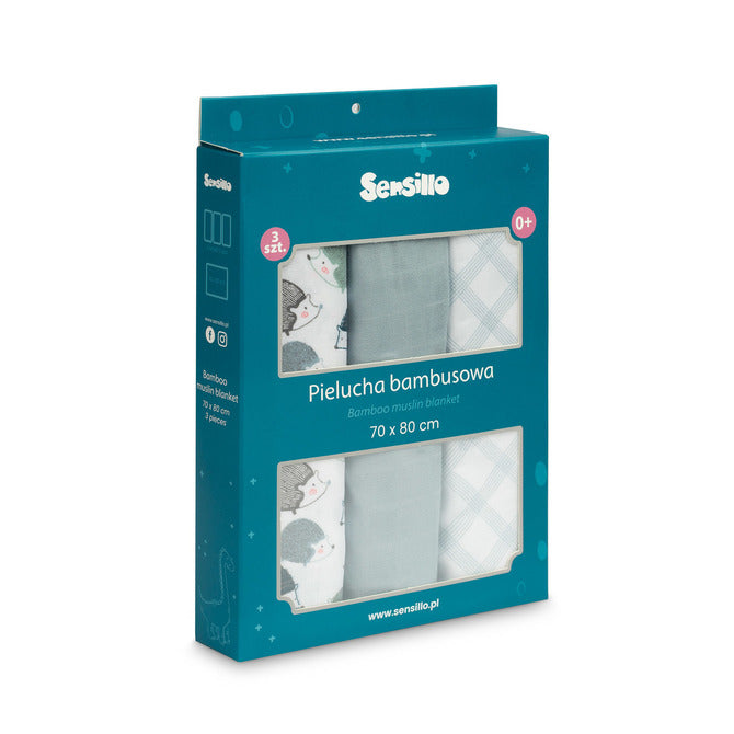 Sensillo Bambusz pelenka 3 db-os szettben, sündisznó mintás, kék, 70x80 cm