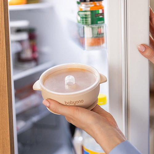 Babyono 1662/03 Szilikon tál tapadókoronggal és fedéllel bézs