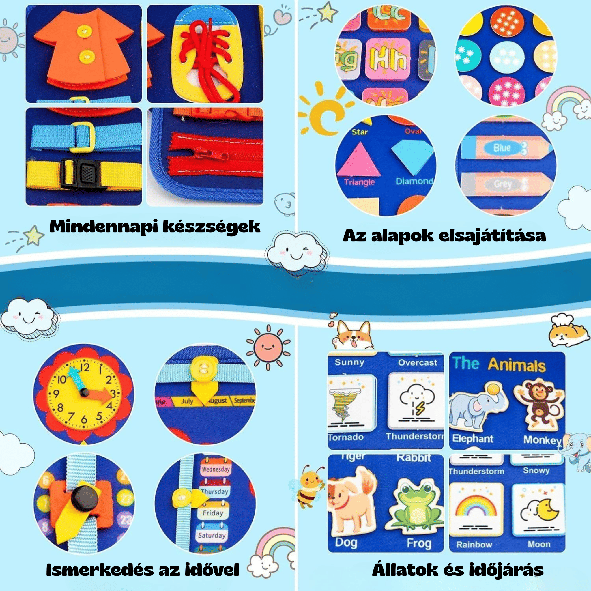 KalandTáska készségfejlesztő feladatok: óra használata, állatok felismerése és finommotorika gyakorlása gyerekeknek.