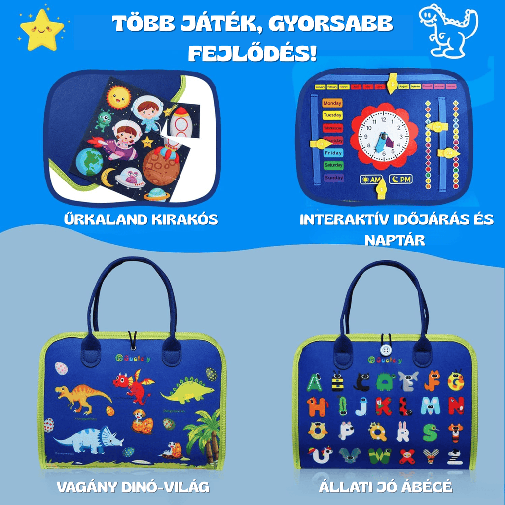 Prémium KalandTáska extra funkciókkal: dinoszauruszos borító, állatos ábécé, interaktív óra és kivehető űrhajós puzzle a Toysland-től.