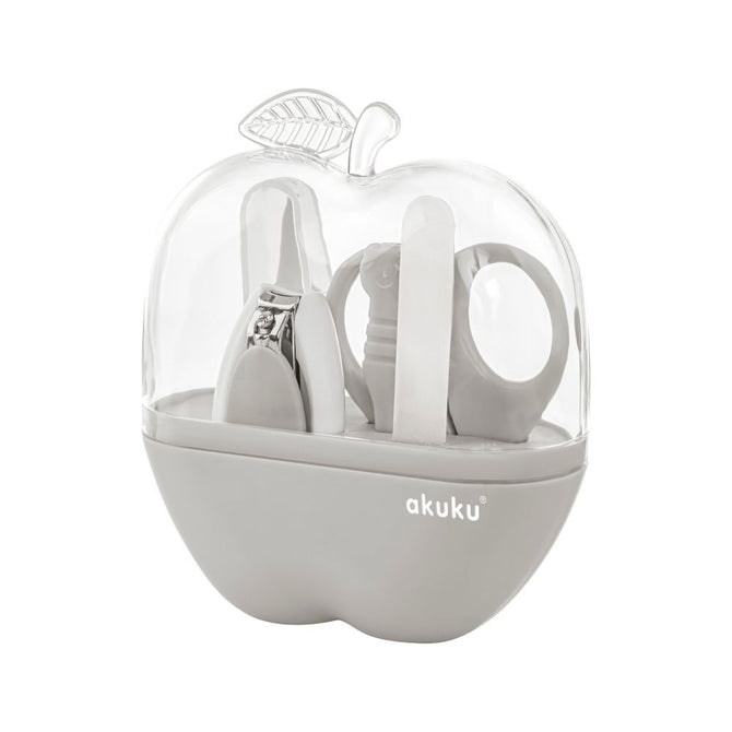 Akuku A0473 Babaápolási készlet, szürke alma alakú tokban: olló, körömvágó olló, üveg körömreszelő, 2 csipesz
