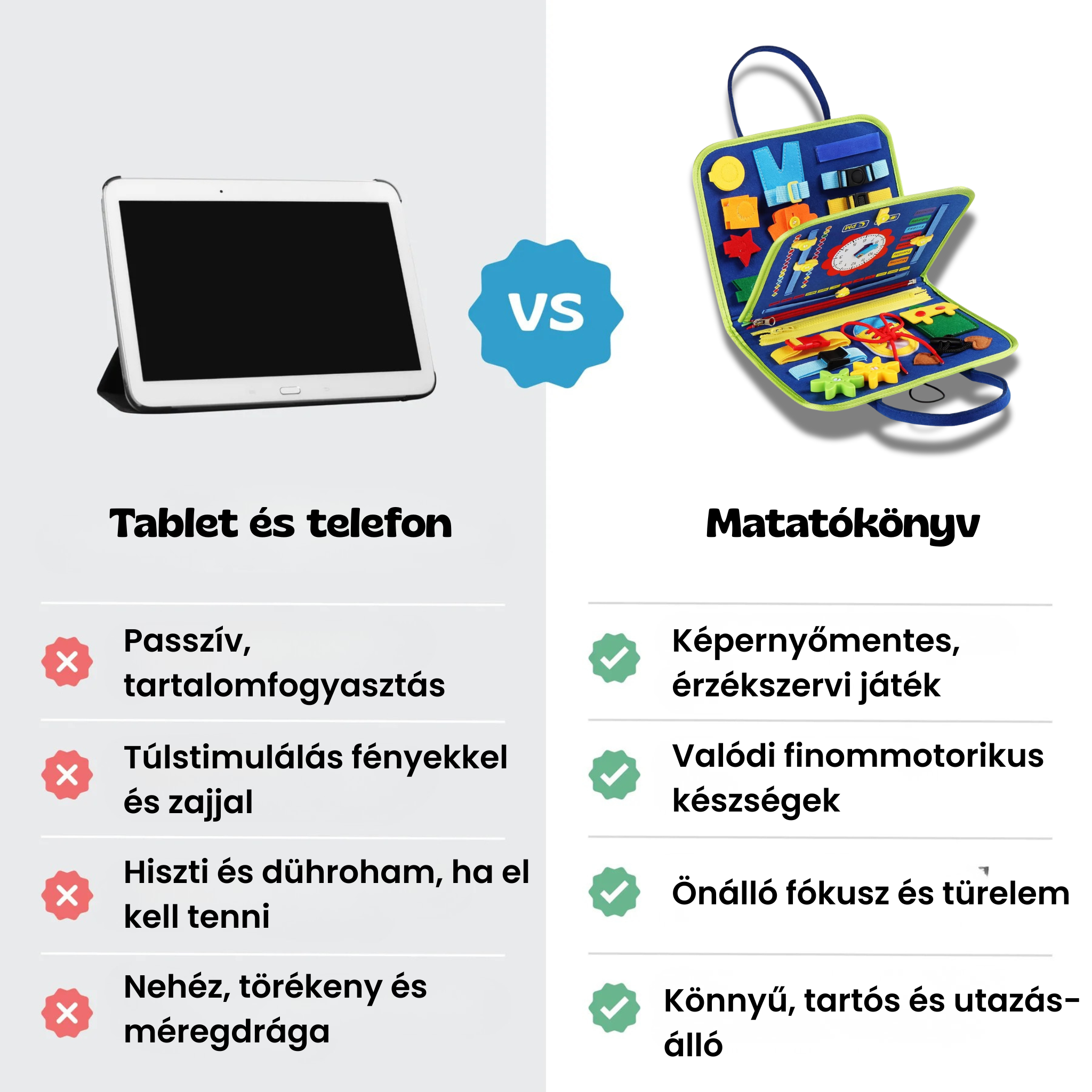 Összehasonlító táblázat: miért jobb a KalandTáska matatókönyv a tablet és a mobilhasználat helyett a gyerekeknek.